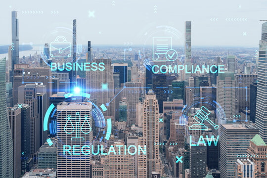 Cityscape with business compliance graphics