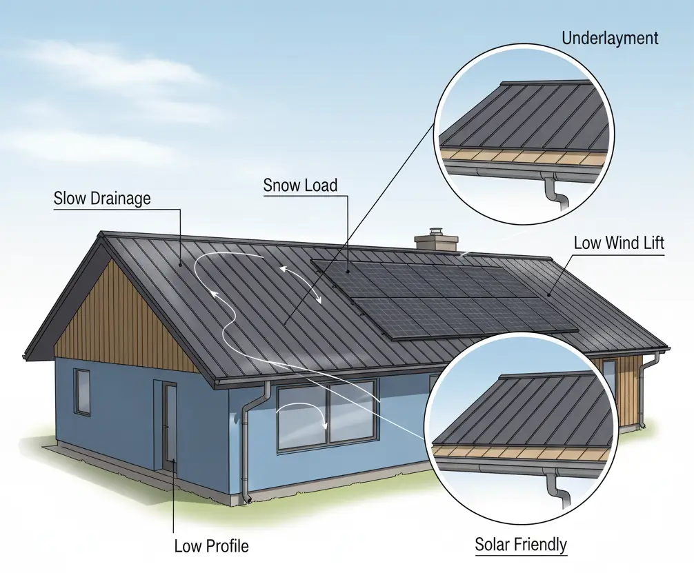 312 roof showing drainage, snow load, underlayment, and modern low-slope design features.