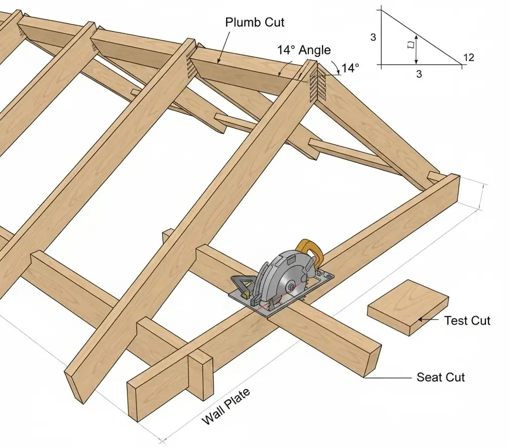 312 roof showing plumb cut, seat cut, angle calculation, and rafter alignment.