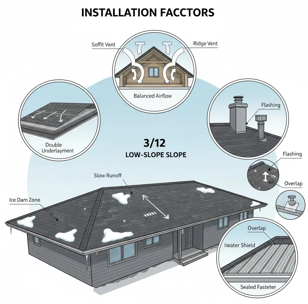 312 roof showing underlayment layers, flashing, sealing, and ventilation airflow.