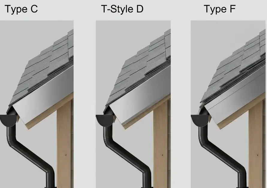 Comparison diagram of Type C, Type D, and Type F roof drip edge profiles