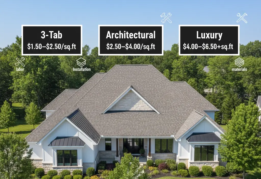 Composition roof with clear labeled costs for 3-tab, architectural, and luxury shingles.