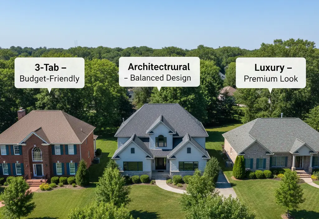 Composition roofs on homes with clear labels for 3-tab, architectural, and luxury types.