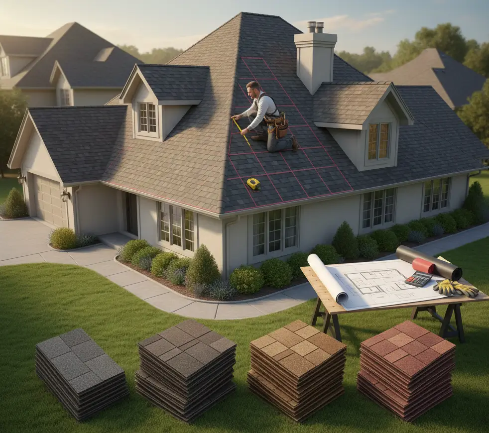 Contractor measuring roof with shingle bundles and materials arranged for accurate project planning.