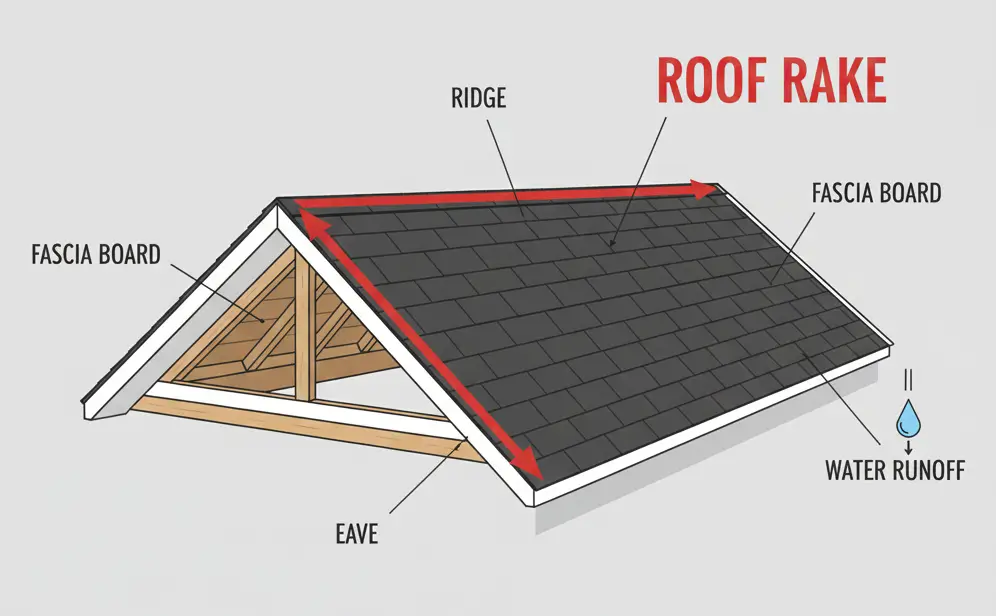 Diagram showing the roof rake as the sloped edge along the gable ends of a pitched roof.