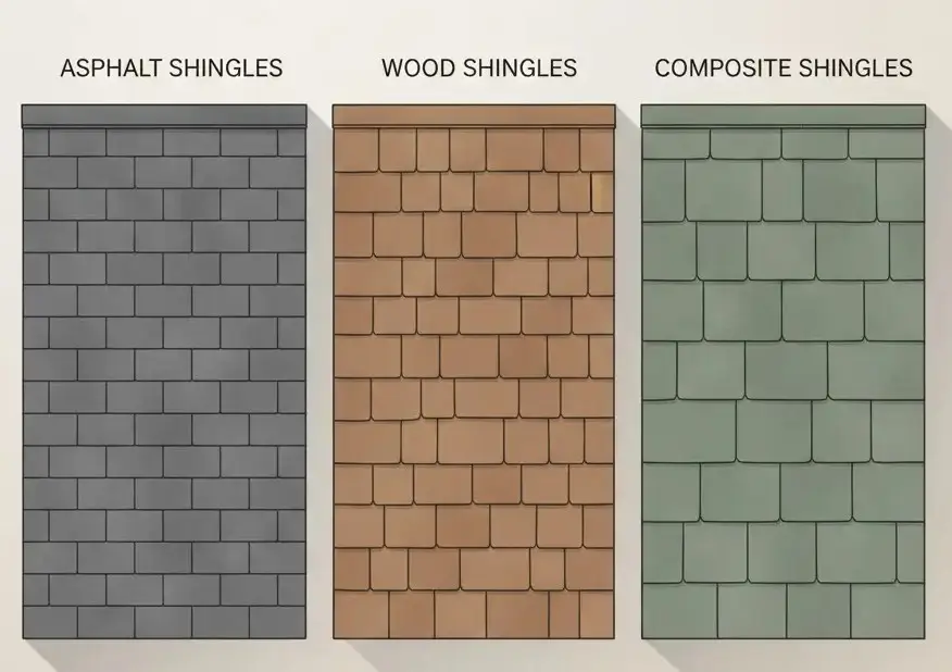 House roof showing asphalt, wood, and composite shingles with clear labels