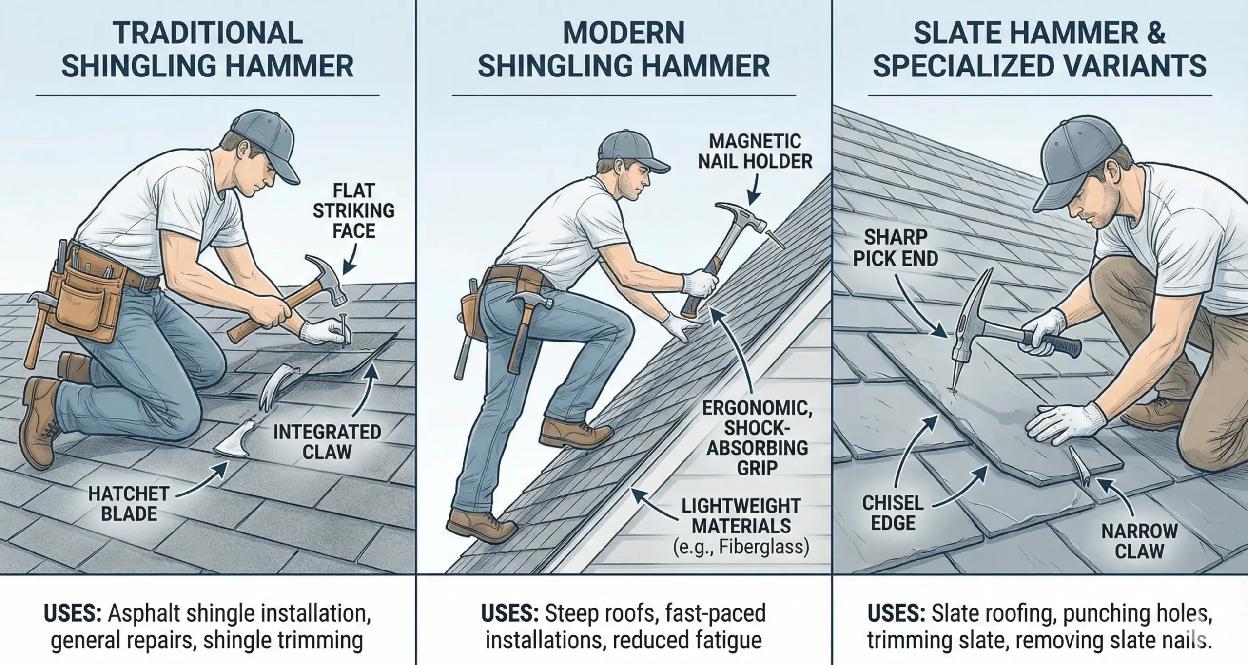 Illustration comparing traditional, modern, and slate shingling hammers for various roofing tasks.