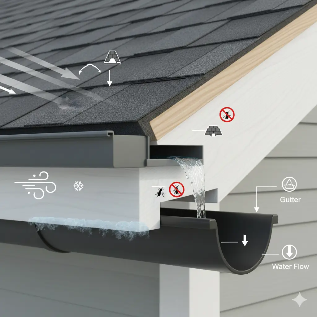 Illustration of a roof drip edge showing water flow, fascia protection, and roof edge components.