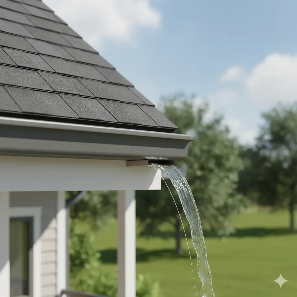 Illustration of a roof showing a drip edge directing water into gutters