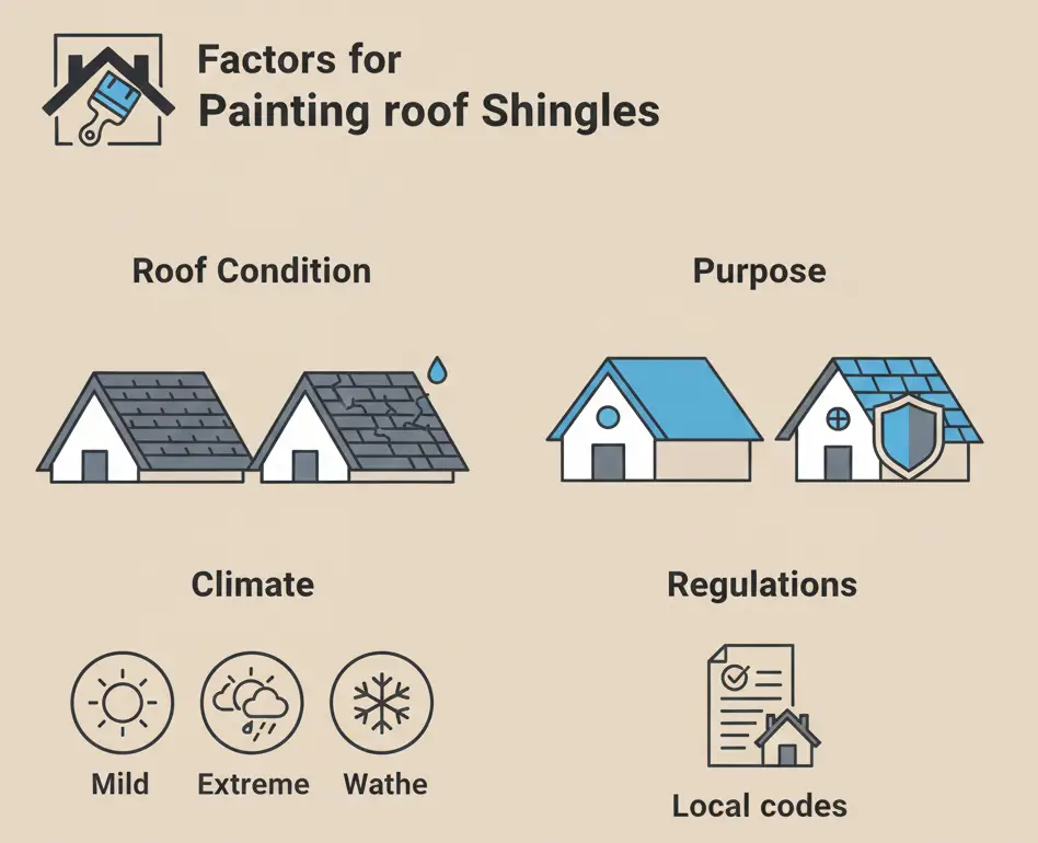 Illustration of factors to consider before painting roof shingles, showing condition, climate, and purpose.