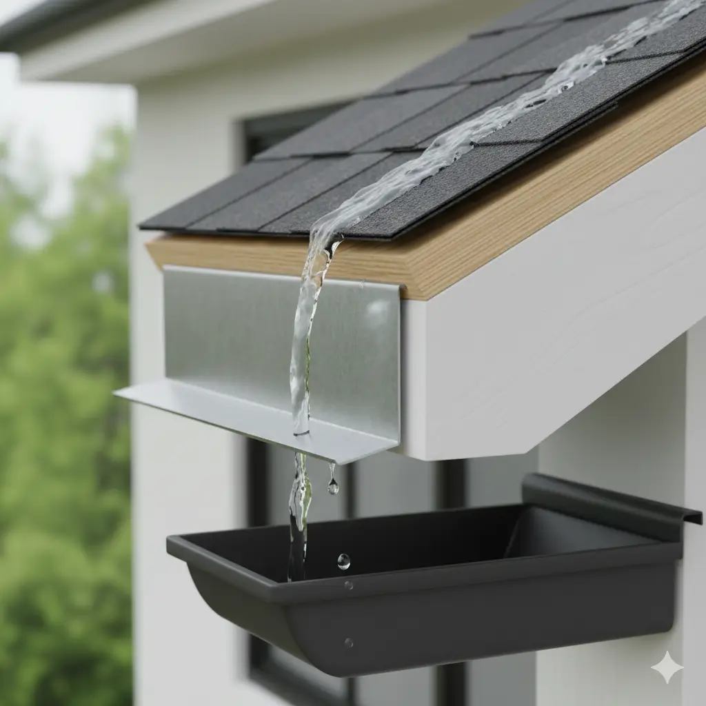 Illustration showing a roof drip edge directing water into gutters and protecting the fascia.