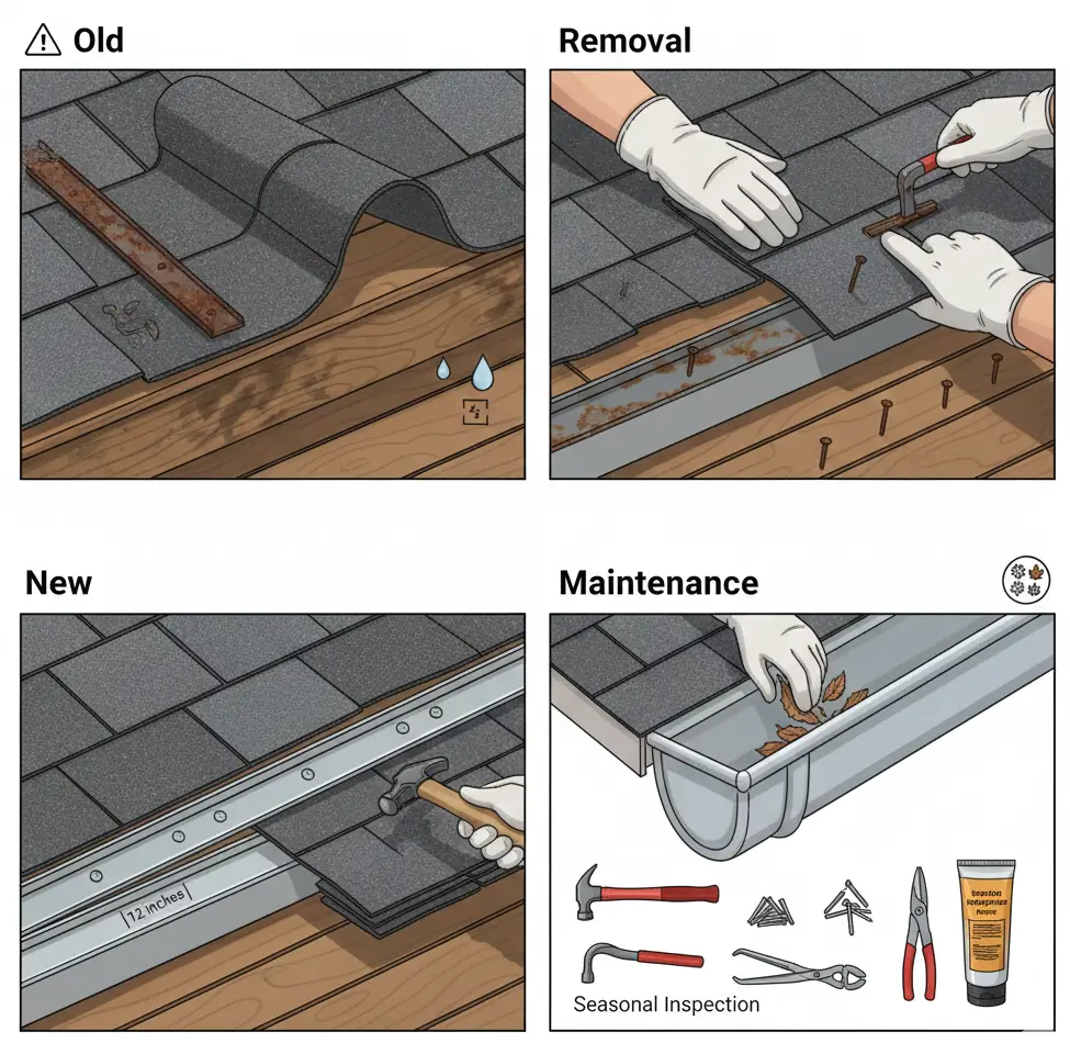 Illustration showing drip edge replacement, damaged edges, and proper installation steps.