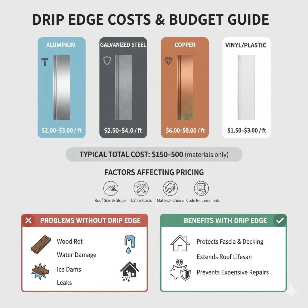 Infographic of drip edge costs, factors, and benefits for roofing protection