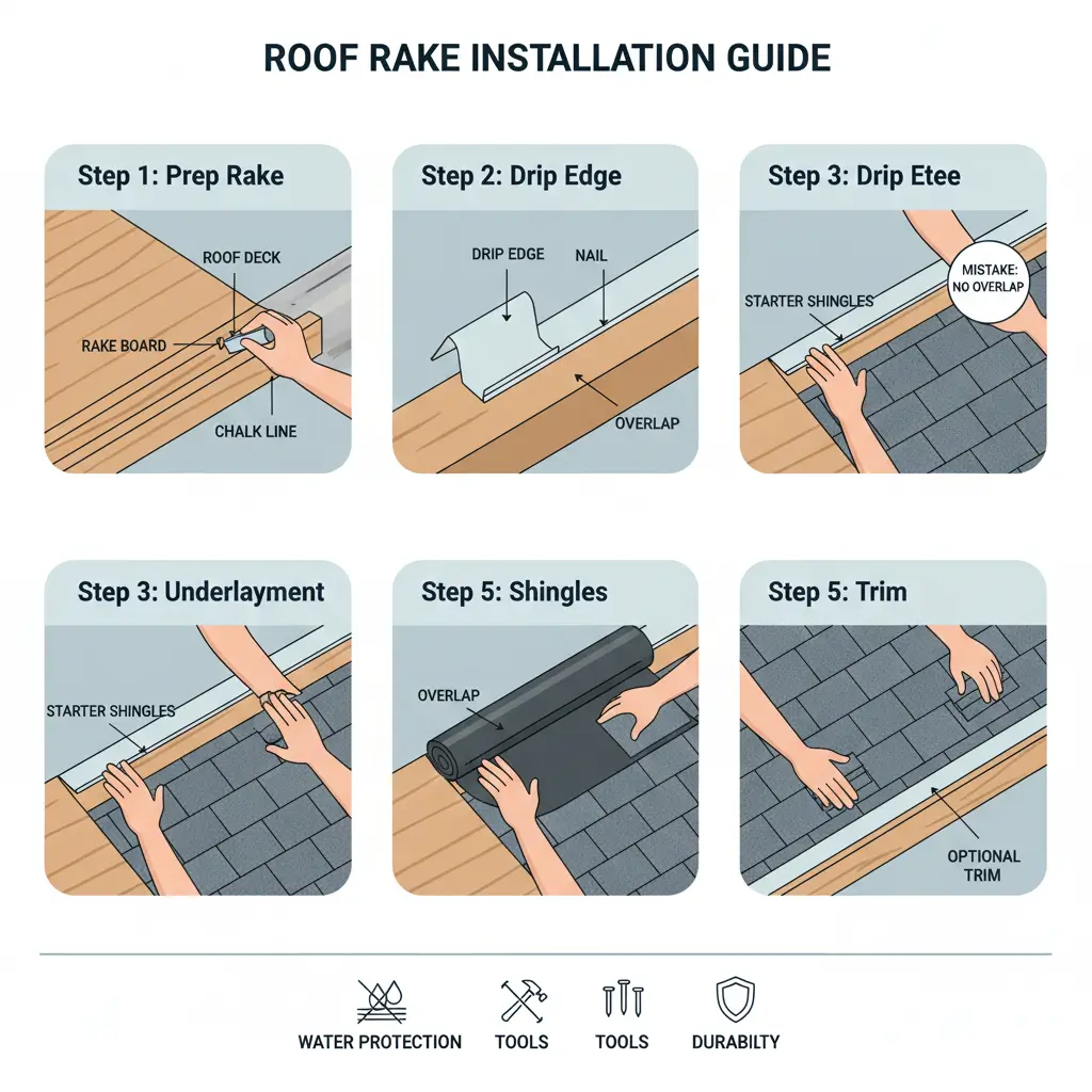 Infographic of roof rake installation steps, components, and common mistakes.