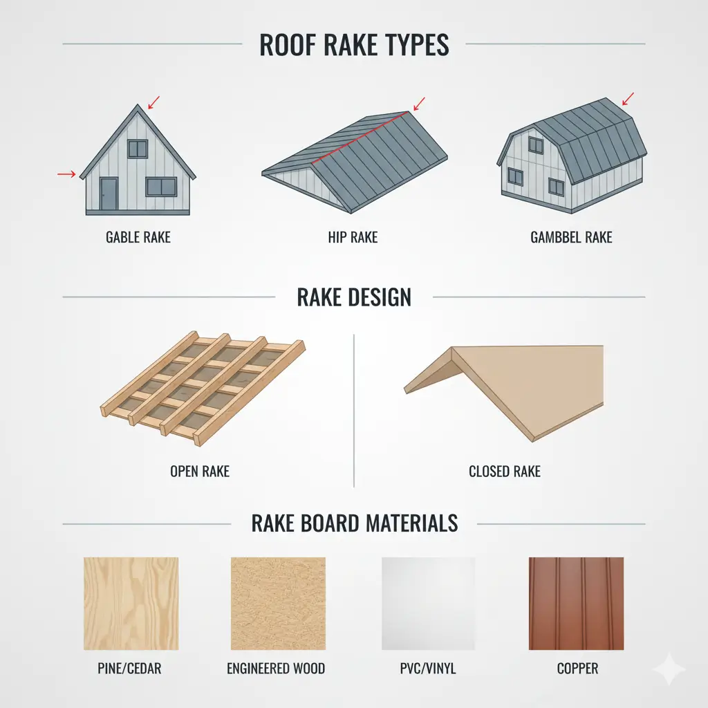 Infographic of roof rake types, open vs closed designs, and rake board materials.