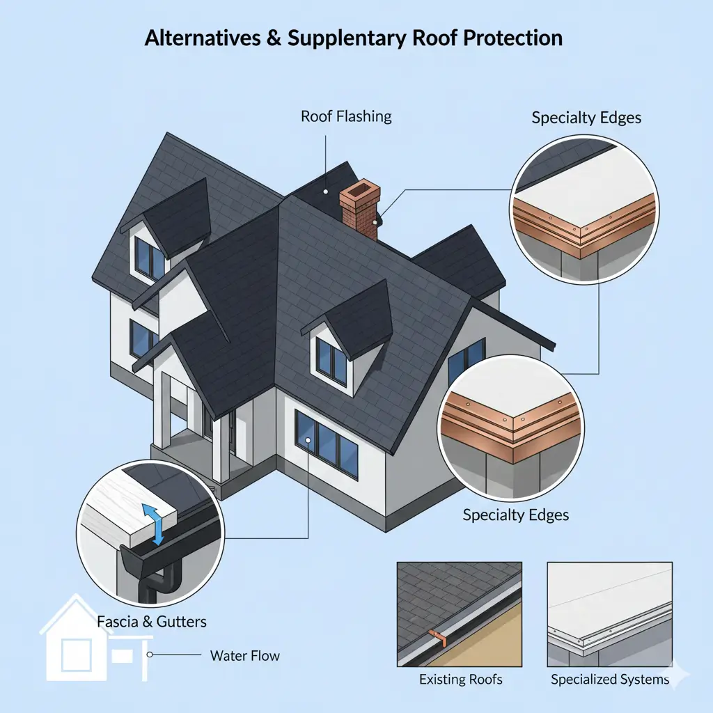 Infographic showing roof edge protection alternatives like fascia, gutters, and flashing.