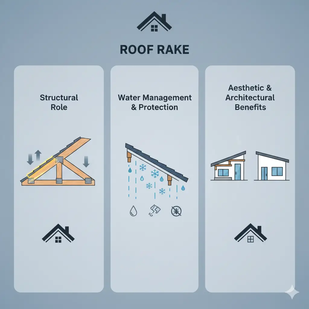 Infographic showing roof rakes’ structural support, water protection, and aesthetic benefits.