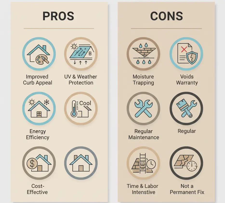 Infographic showing the pros and cons of painting roof shingles with visual icons for each point.