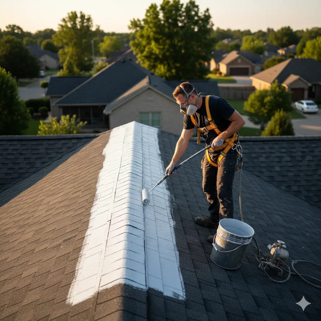 Minimalist illustration of a house roof being painted with a brush on asphalt shingles