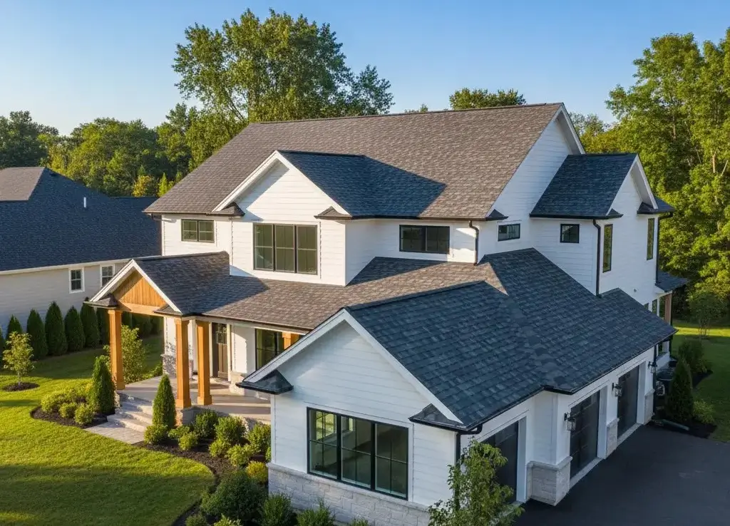 Modern home with a durable composition roof featuring asphalt shingles in stylish color.
