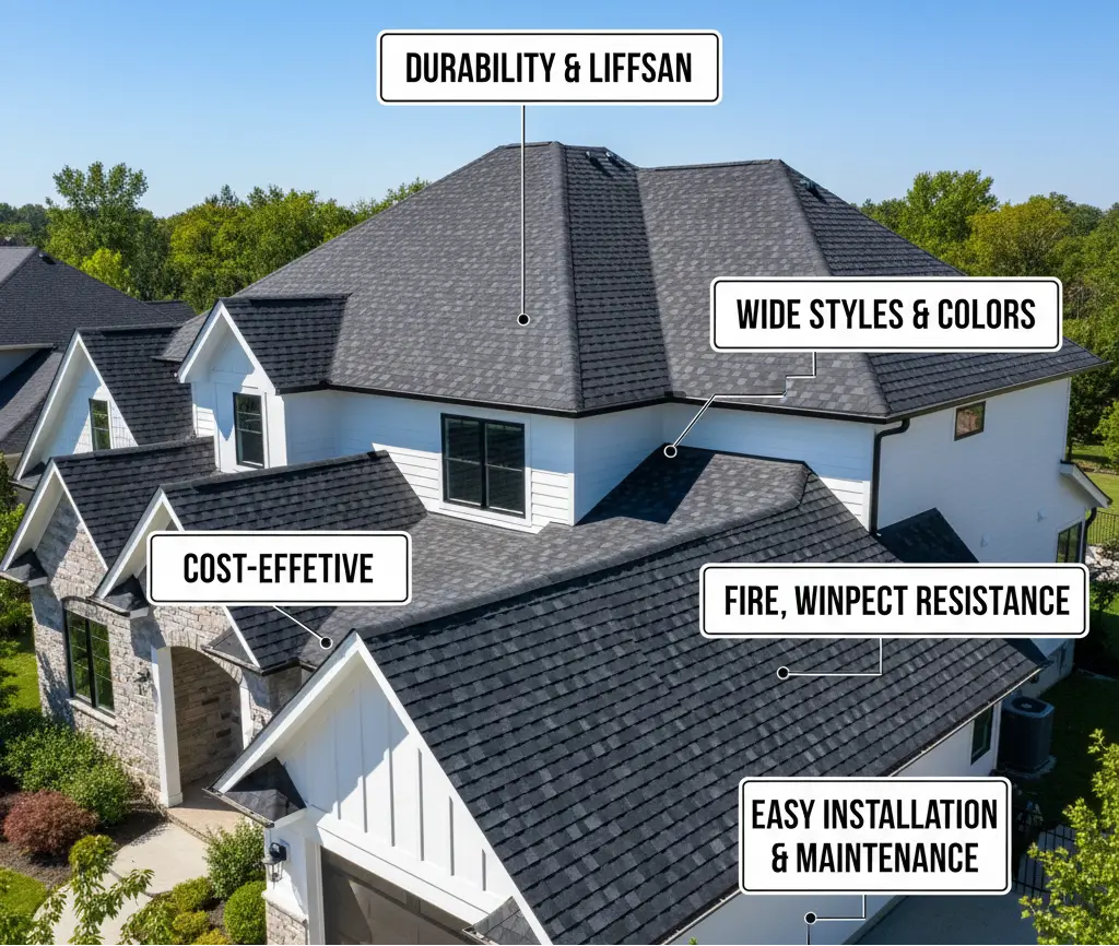 Modern home with labeled composition roof showing durability, style, and protection.
