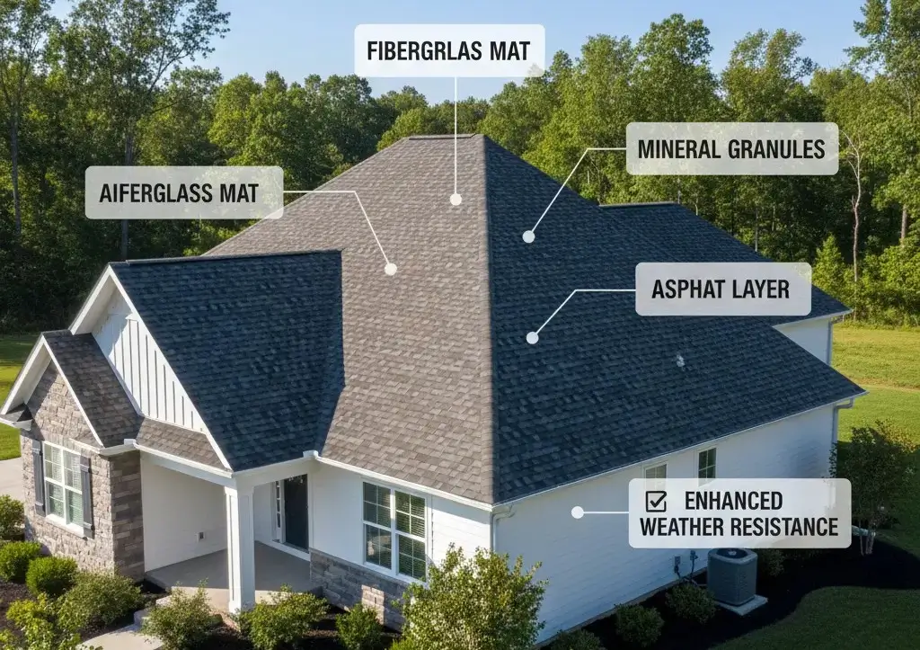 Modern home with large, clear labels on composition roof showing layers and durability.
