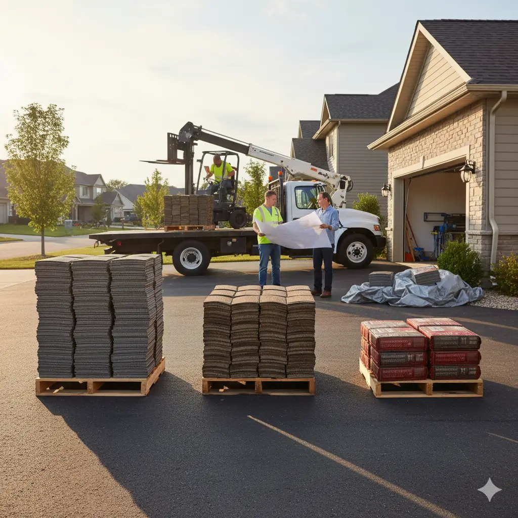 Pallets of different shingle types stacked neatly with delivery equipment in a clean outdoor setting.