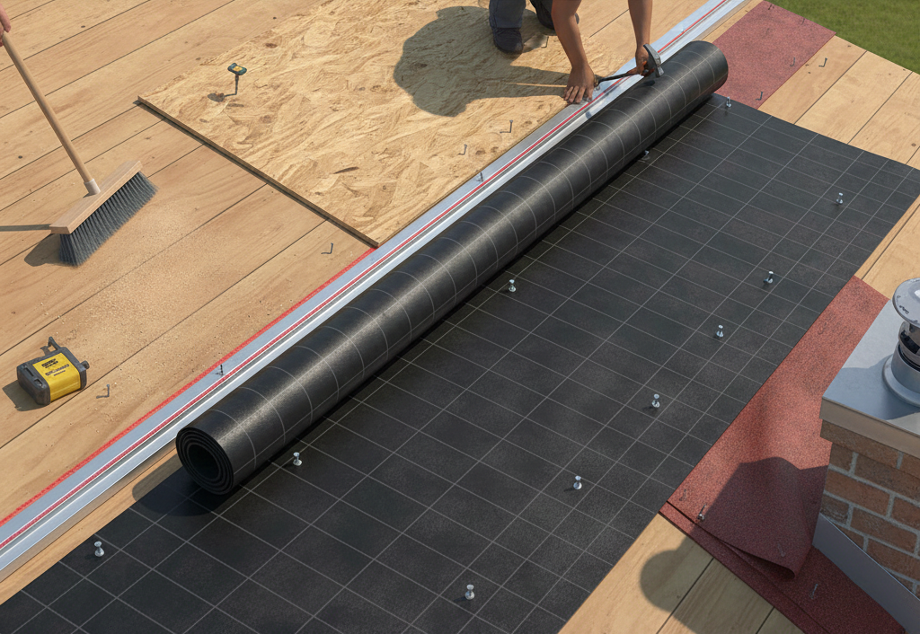 Roof deck prepped with drip edge, underlayment, and ice-water shield applied