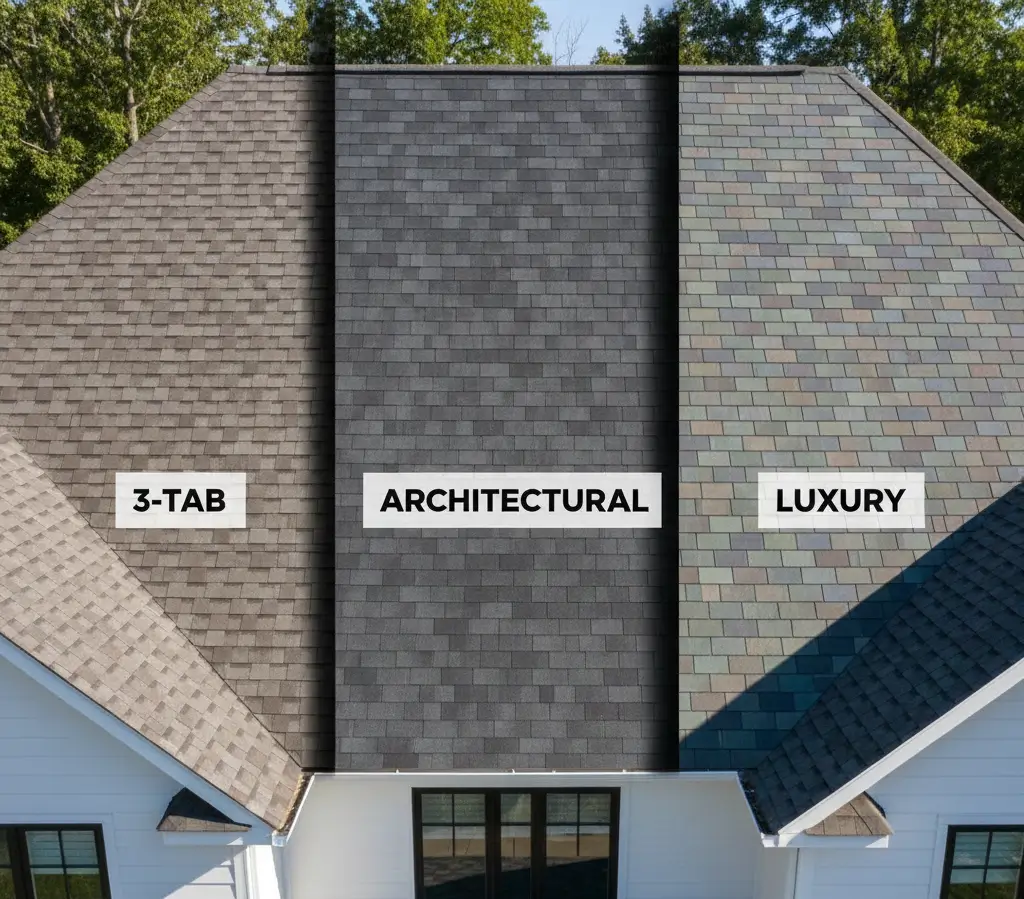 Roof showing 3-tab, architectural, and luxury shingles with clear labeled sections.