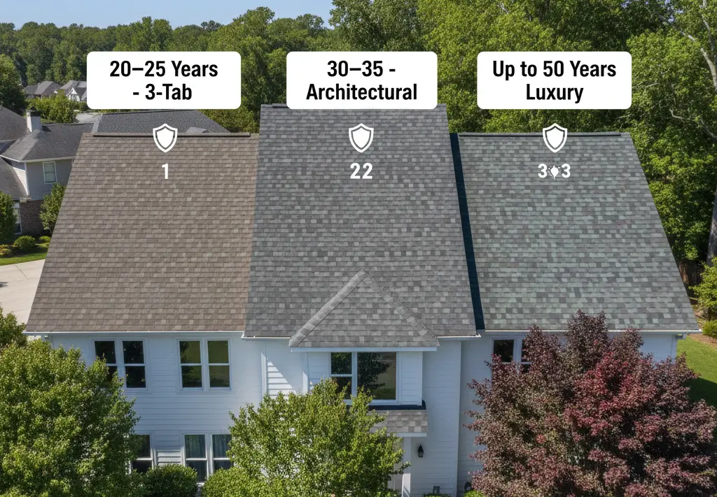 Roof showing 3-tab, architectural, and luxury shingles with labeled lifespans.