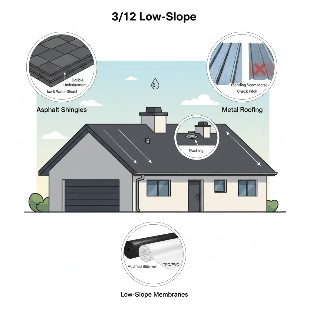 Roof showing 312 slope with visuals of shingles, metal panels, and membrane roofing options.