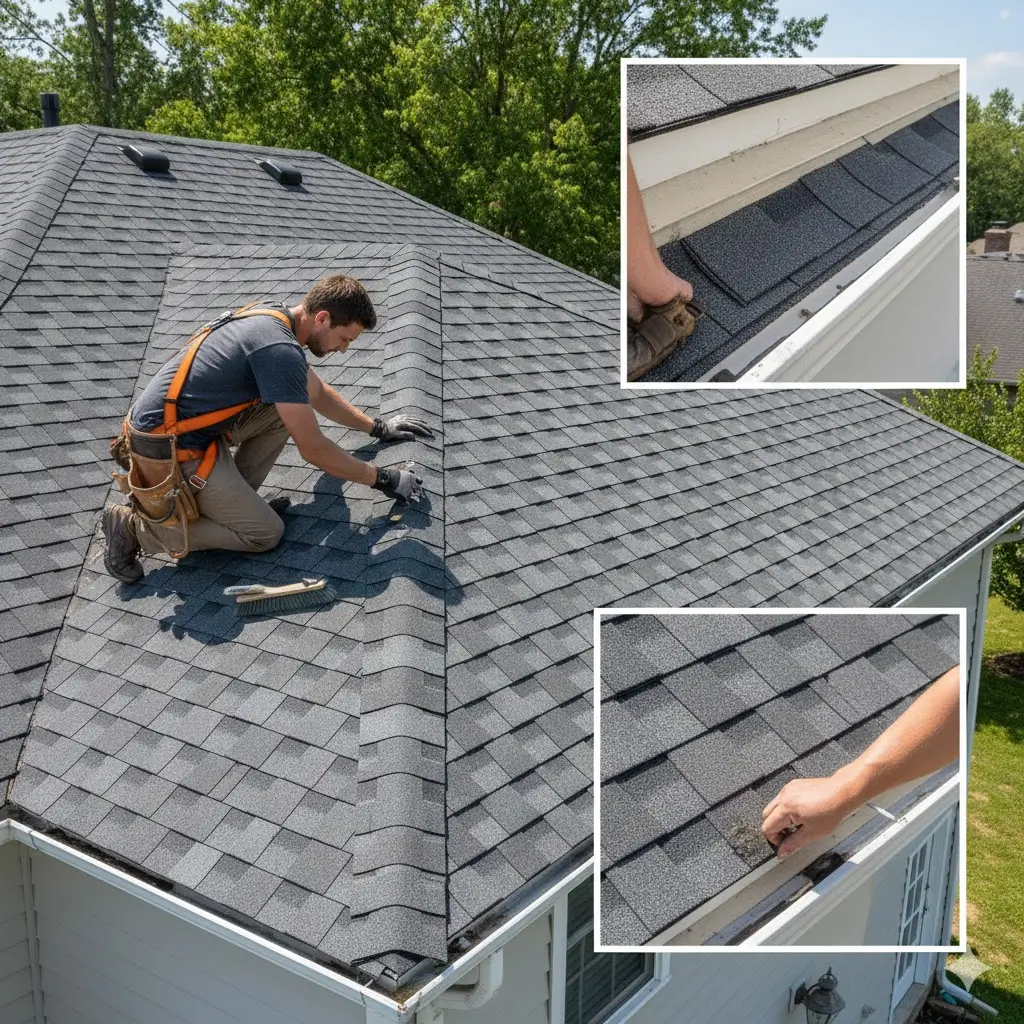 Roofer inspecting shingles, sealing nails, checking alignment, overhang, and clearing debris.