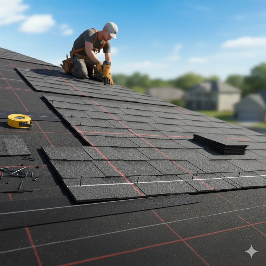 Roofer installing shingle rows using chalk lines, proper overlap, and staggered joints.