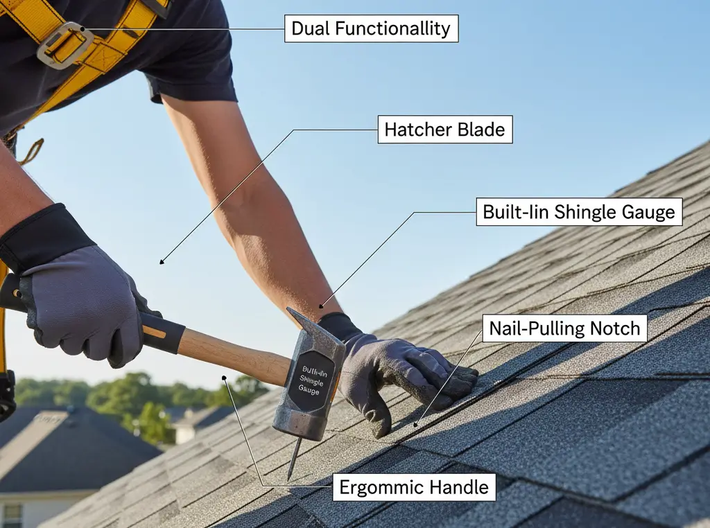Roofer using a dual-function shingling hammer with ergonomic design and built-in features.
