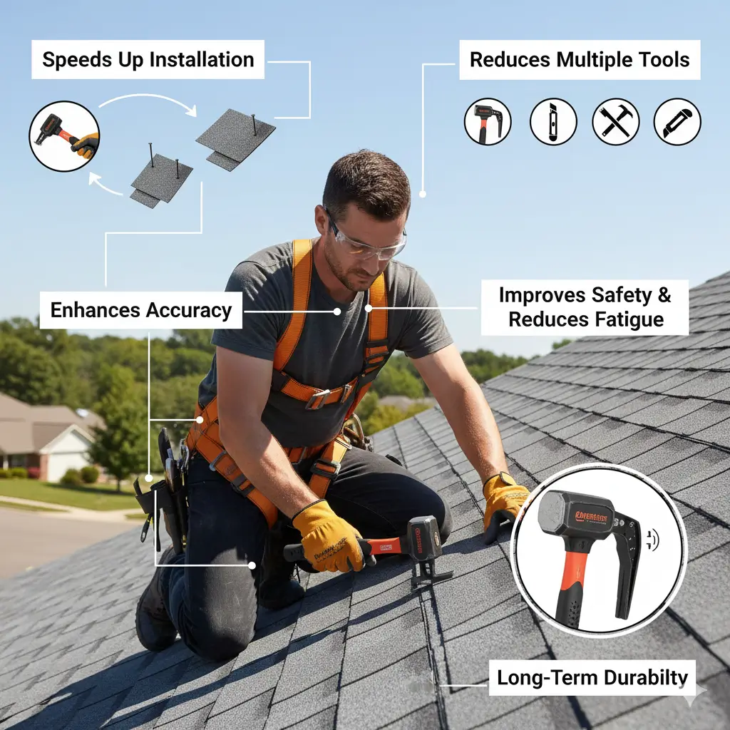 Roofer using a shingling hammer for fast, precise, and safe roof installation.