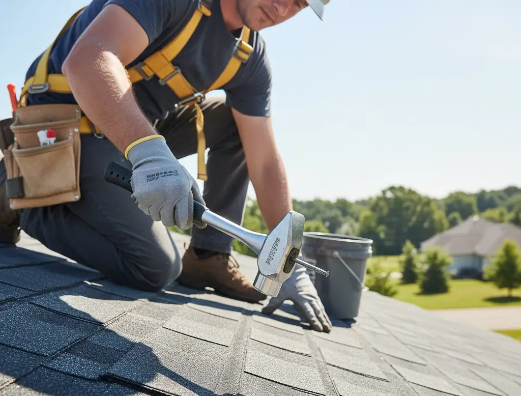 Roofer using a shingling hammer with built-in gauge and magnetic nail holder on a roof.