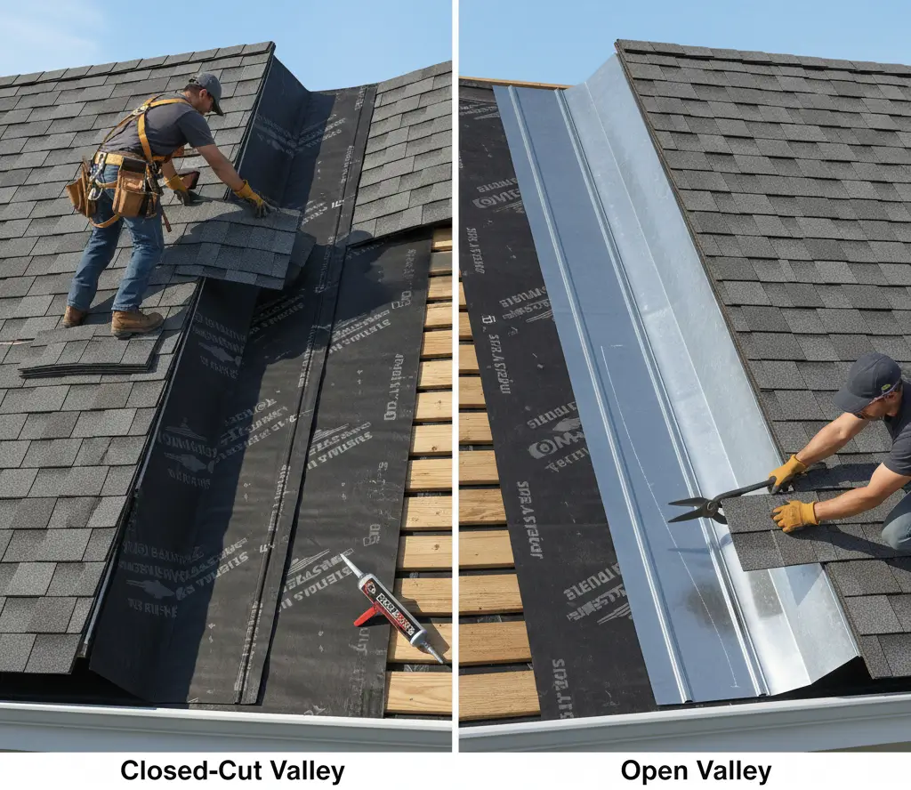 Shingles installed in a roof valley with proper flashing, cuts, sealing, and overlap.