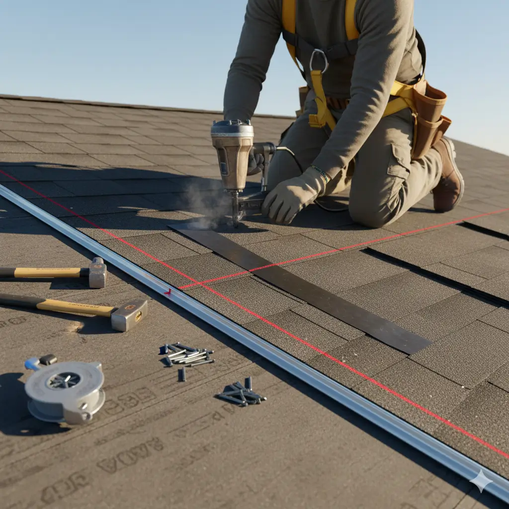 Starter shingles aligned and nailed with proper overhang along the roof edge.