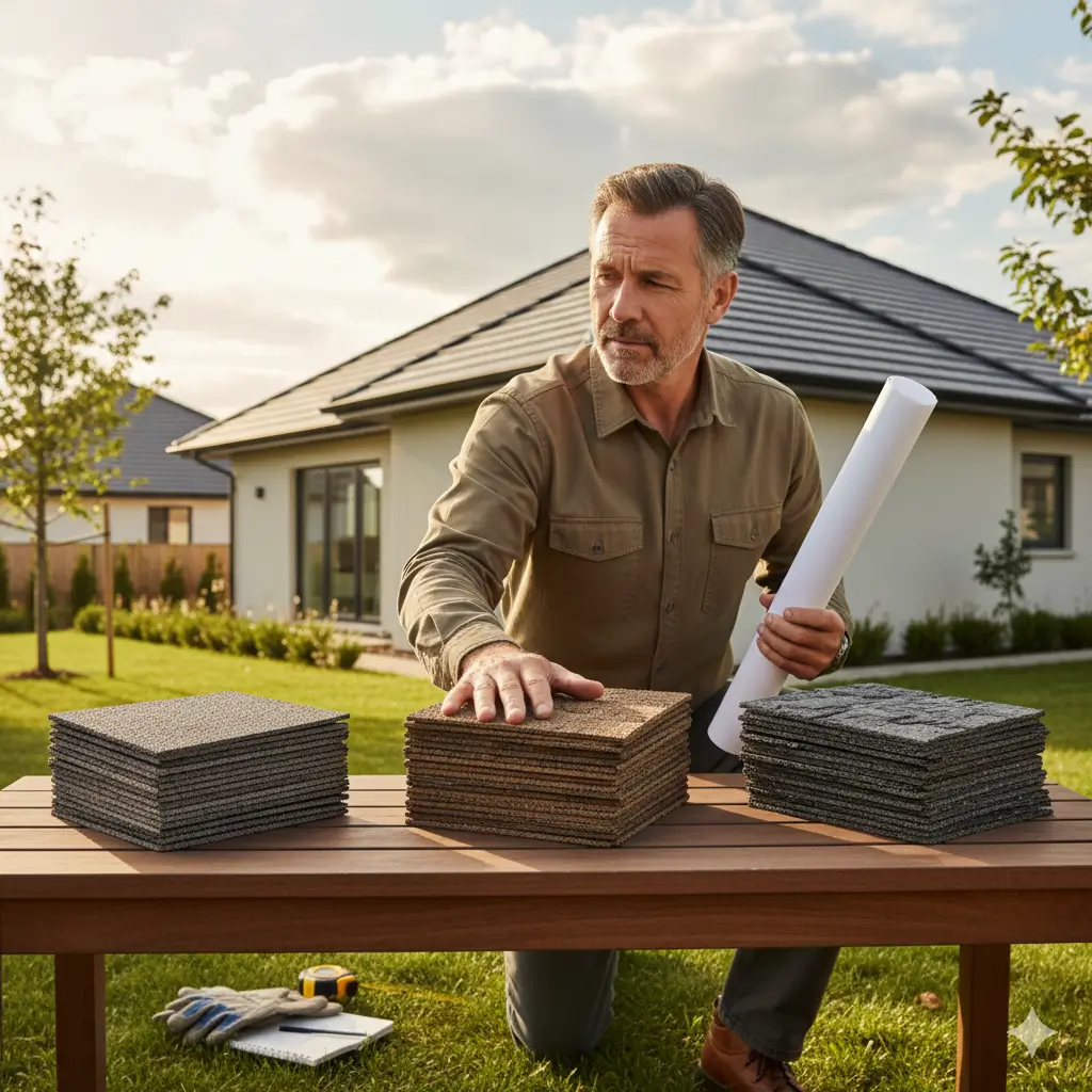 Three shingle types displayed side by side as a homeowner compares options for a new roof.