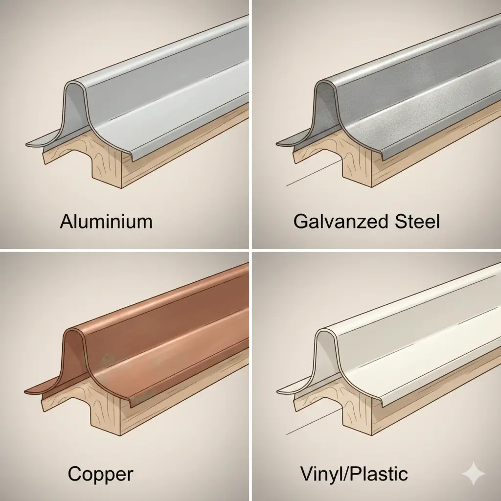 Visual comparison of aluminium, steel, copper, and vinyl drip edge materials.