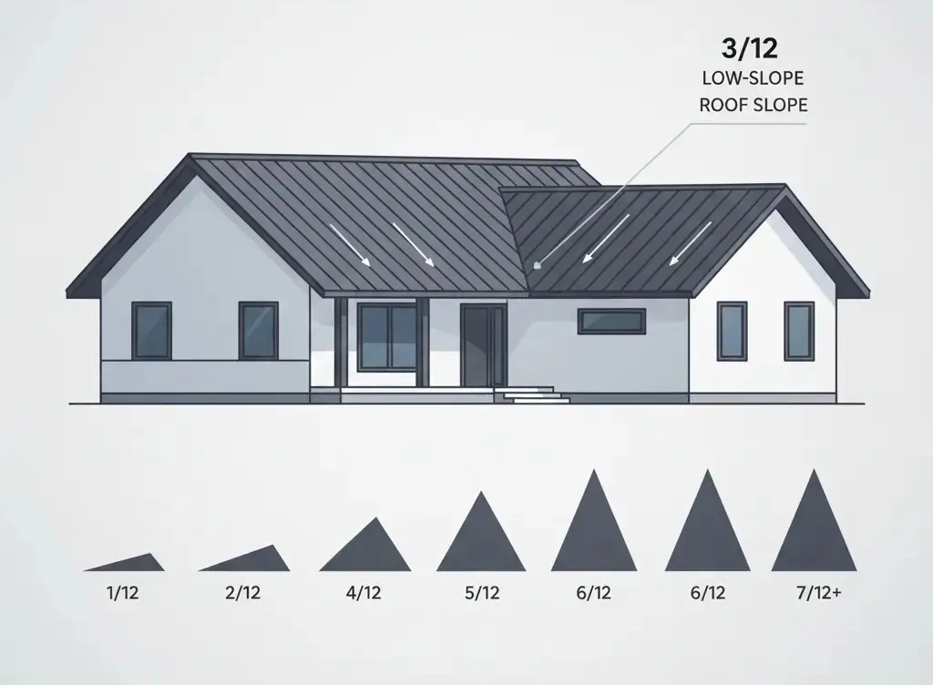 Visual of a 312 roof with small icons comparing slopes from 112 to 712 and steeper.