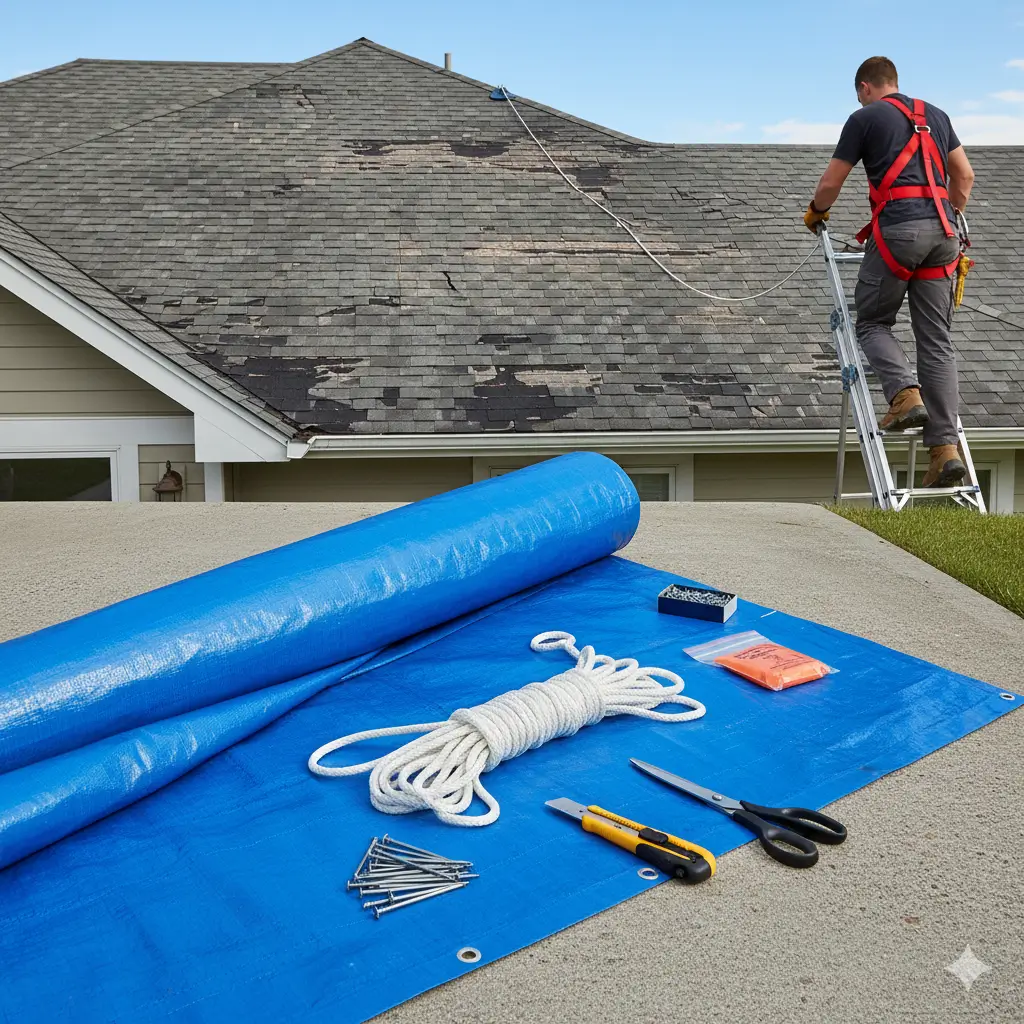 tools and meterial to tarp a roof